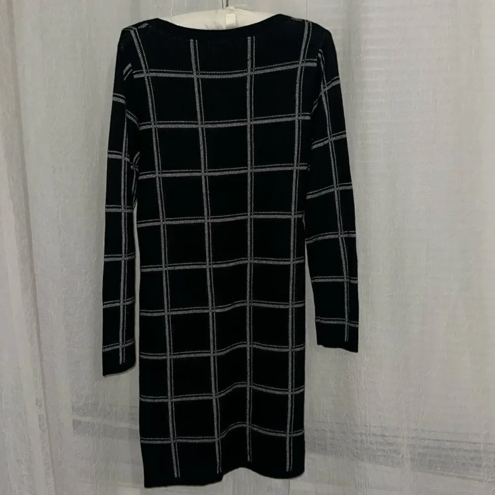 Cynthia Rowley M Black White Window Plane Plaid Long Sleeve Crew Sweater Dress